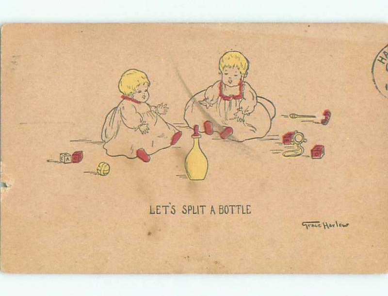 Pre-Linen comic signed BABIES WANT TO SPLIT A MILK BOTTLE k3679