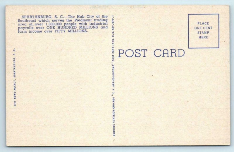 Large Letter Linen SPARTANBURG, South Carolina SC ~ Curteich c1940s Postcard