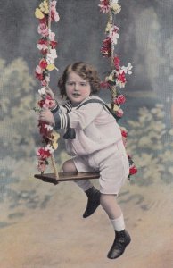 Childrens Swing Made Of Flowers Old Real Photo Postcard