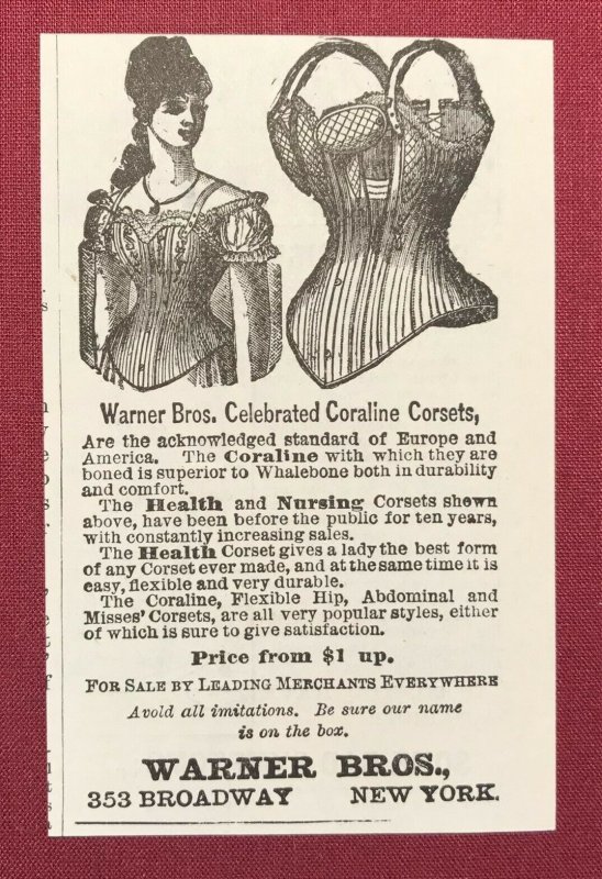 1884 Victorian Original Print Ad Warner Bros. Coraline Corsets N.Y. 2V1-27