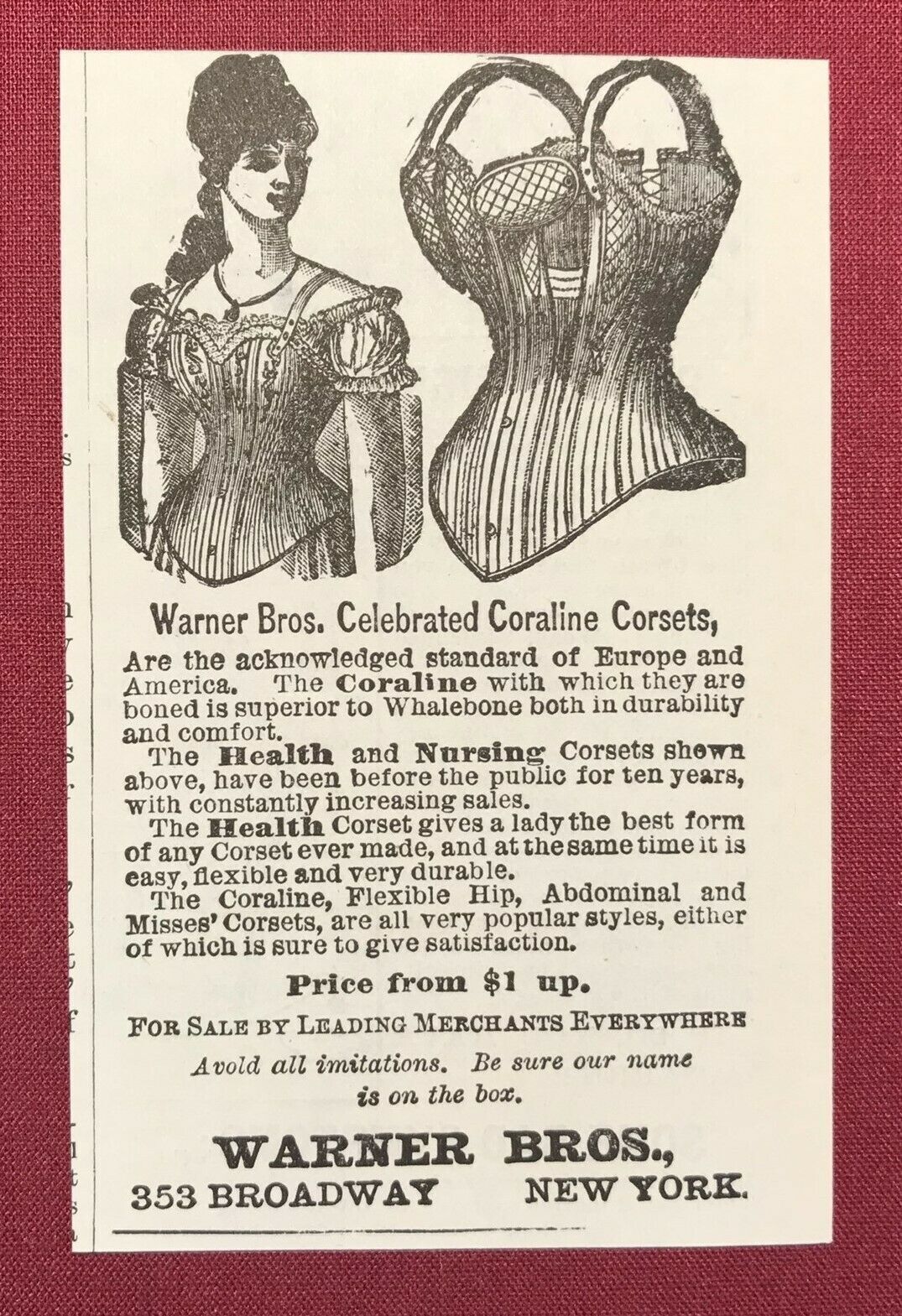 1884 Victorian Original Print Ad Warner Bros Coraline Corsets Ny 2v1 27 Ephemera Chromo