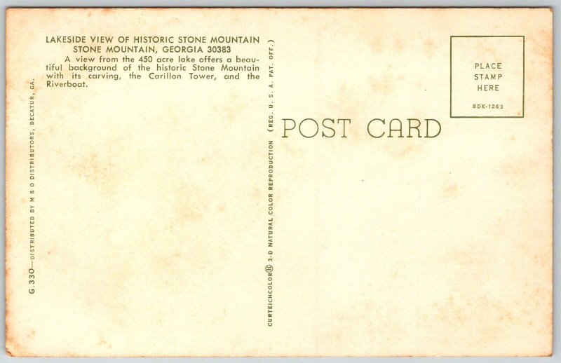 Stone Mountain Georgia 1960s Postcard Lakeside View Historic Stone Mountain