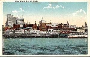 River Front Skyline View Detroit Michigan MI UNP Unused WB Postcard L6
