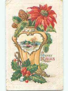 Pre-Linen christmas POINSETTIA FLOWER WITH PINECONES AND HOLLY k1038