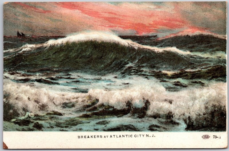 Breakers At Atlantic City New Jersey NJ Stormy Waves Scene Postcard