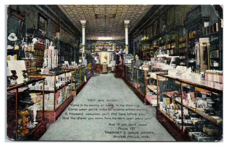 Early 1900s Taggart's Drug Store Interior, River Falls, WI Postcard *5I1