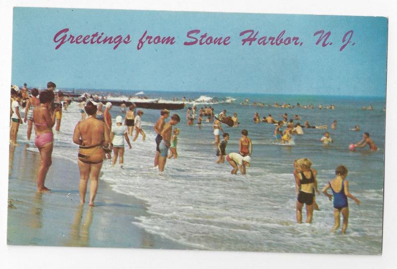 Stone Harbor NJ Greetings Beach Swimmers Bathers Surf Vintage Postcard