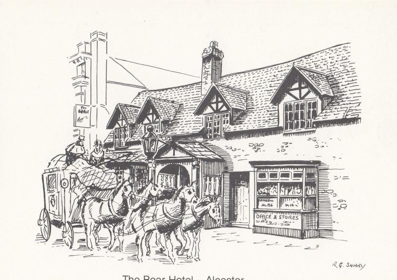 The Bear Hotel Alcester Post Office Board Pub Drawing Warwickshire Postcard