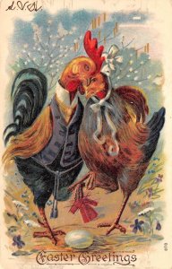 Easter Greetings Dressed Rooster & Chicken In Embrace, Easter Egg, Embossed,PC U