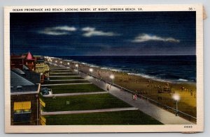 Ocean Promenade and Beach Looking North at Night Virginia Beach VA Postcard E24