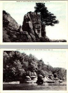 2~ca1940's Postcards BLACK RIVER FALLS, WI Wisconsin CASTLE MOUND ROCK & RIVER