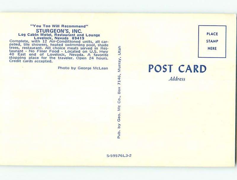 Unused Pre-1980 LOG CABIN MOTEL & COFFEE SHOP RESTAURANT Lovelock NV u6737@