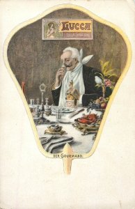B582 Gourmand (Gourmet) gentleman enjoying Extra Fine Lucca Liqueur emboss ad.