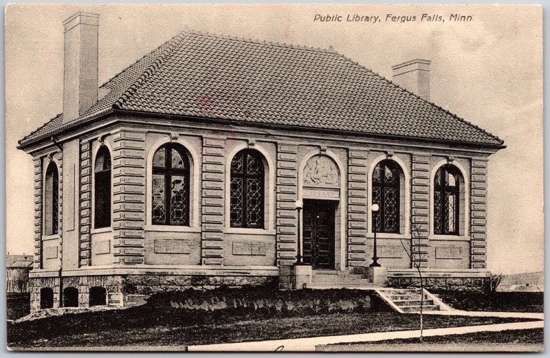 Public Library Fergus Falls Minnesota MN Old Building Antique Postcard