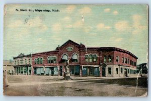 Ishpeming Michigan Postcard North Main Street Building Statue Road 1914 Vintage