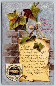 New Year~Ivy & Wall Poem & Crest~“I Cling” Scroll~Clasped Hands~Emb~IAPC~1910 PC