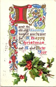 Embossed Christmas Postcard Holly & Ornate Calligraphy Arts & Crafts 1908