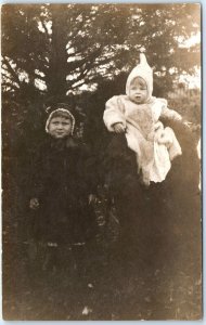 c1910s Cute Children Bundled Up Outdoors RPPC Winter Fur Coat Hat Boy Girl A151