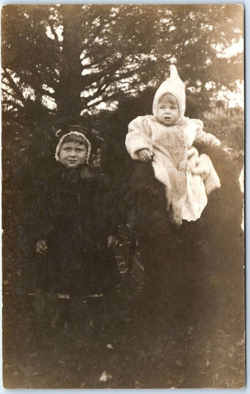 c1910s Cute Children Bundled Up Outdoors RPPC Winter Fur Coat Hat Boy Girl A151