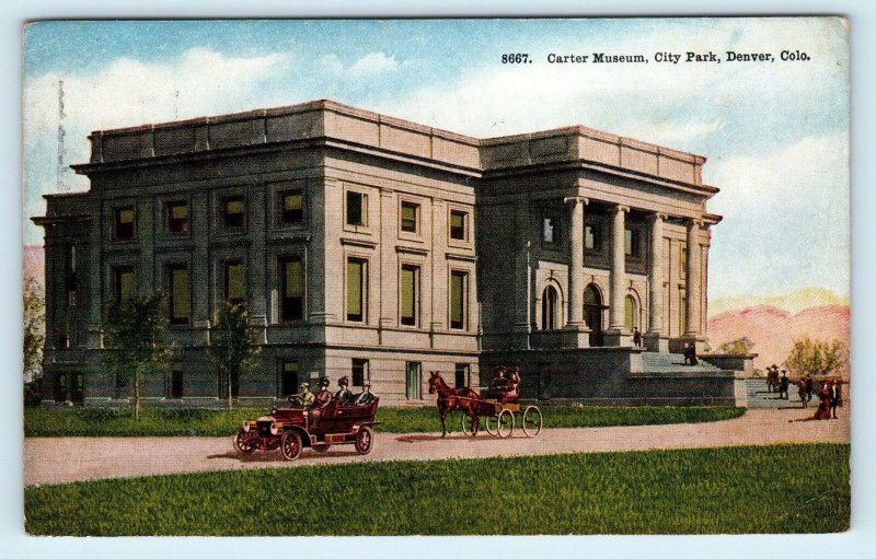 DENVER, CO  ~ CARTER MUSEUM & City Park 1917 Cars w/Slogan Cancel Postcard