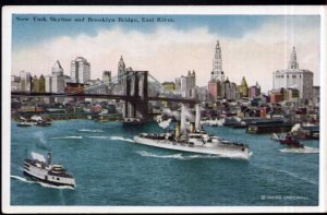 New York City Skyline and Brooklyn Bridge East River Boats Ship - White Border