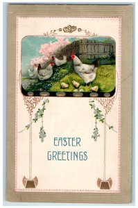 c1910's Easter Greetings Chicken Hen Chicks Art Nouveau Embossed Posted Postcard 