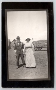 RPPC Ma And Pa on the Farm Man Woman Wagon Barns c1912 Postcard B30