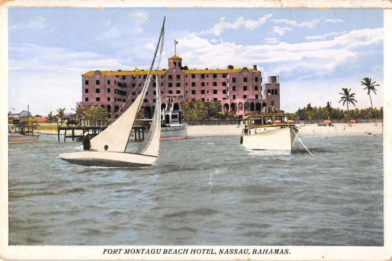 Nassau Bahamas boats in front of Fort Montagu Beach Hotel antique pc Y14196