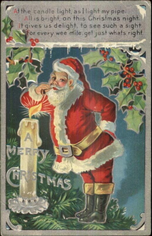 Christmas - Santa Claus Lights Pipe by Candle on Tree Bough c1910 Postcard 