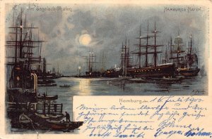 Germany 1900 Hamburg Hafen Sagelschiffhafen Harbor Ships Moonlight postcard