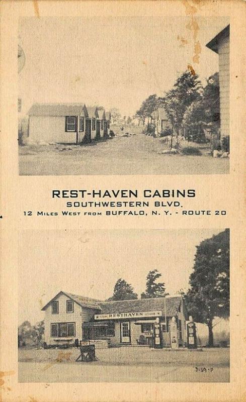 Buffalo NY Rest-Haven Cabins Gas Station Duo-View Postcard