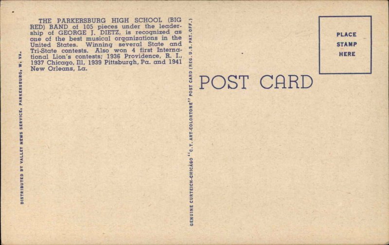 Parkersburg West Virginia WV High School Band 1940s Linen Postcard