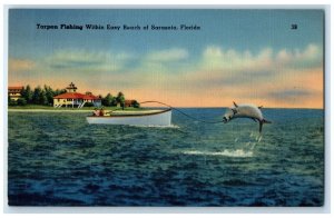 c1940 Tarpon Fishing Easy Reach Boat Sarasota Florida Vintage Antique Postcard