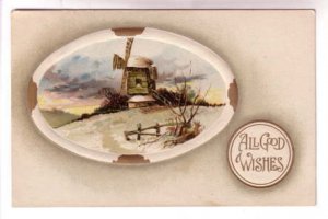 All Good Wishes Vintage Greeting Postcard, Windmill