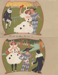 Rare Ellanbee Series Pierrot Harlequin clown ART NOUVEAU postcards x 2