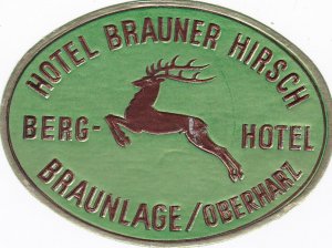 Germany Braunlage Hotel Brauner Hirsch Vintage Luggage Label sk2301