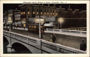 JANESVILLE WI Milwaukee Street Bridge at Night TROLLEY Old Postcard