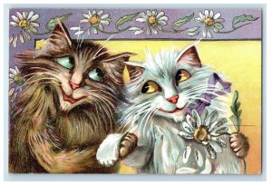 c1910's Two Cute Cats Holding Hands White Flowers Maurice Boulanger Postcard 