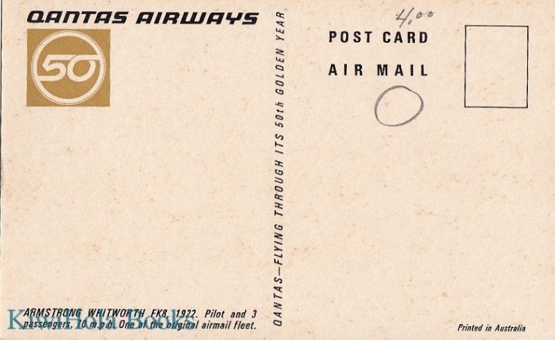 Postcard Qantas Airways Golden Year 50th Australia Airplane