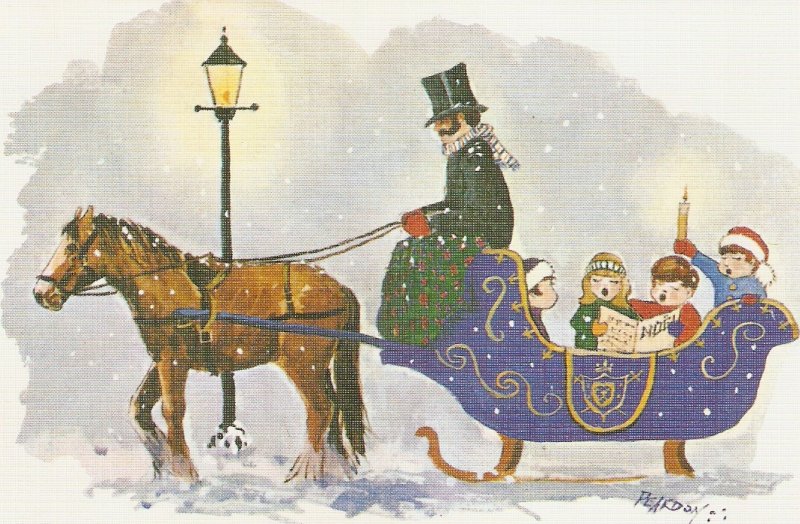 Horse pulling sledge cart with children  French New Year Greeting card . 17 x