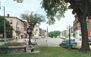 Cobleskill NY Main Street Store Fronts Park Clock Old Cars, Postcard