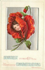 P.Sander Birthday Congratulations Postcard 232 Girl's Face in Flowers, Red Poppy