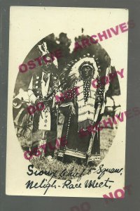 Neligh NEBRASKA RPPC c1910 SIOUX INDIAN CHIEF & Squaw Indians RACE MEET Posing