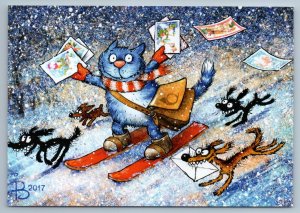 CAT Postman on ski  Letter New Year FUNNY by Zeniuk New Unposted Postcard