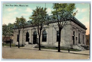 1910 New Post Office Building Entrance Stairs Lamp Roadside Muncie IN Postcard