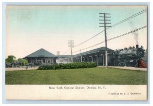 c1910's New York Central Station Depot Locomotive Train Oneida NY Postcard 