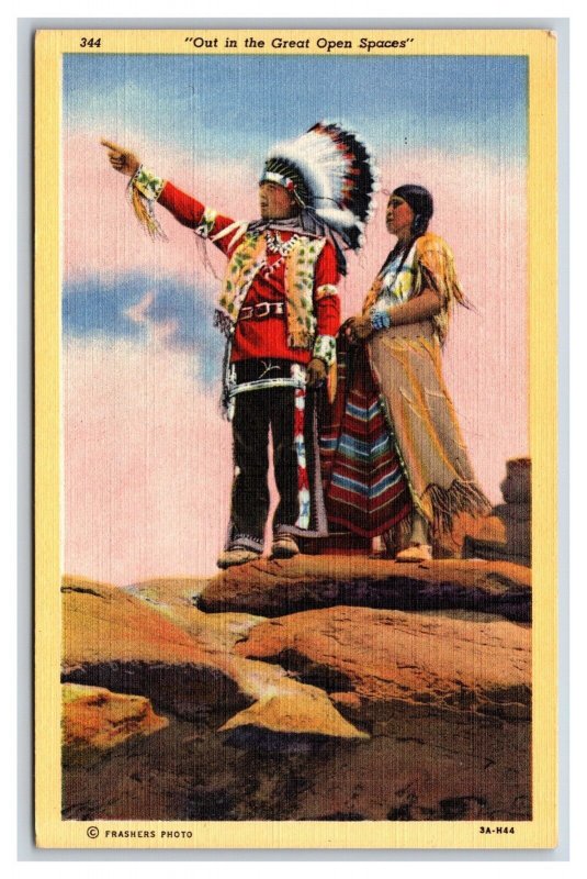 Native Americans War Bonnett Great Open Spaces Poem UNP Linen Postcard S15