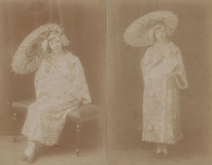 Lady With Amazing Antique Japan Umbrella 2x Old Real Photo Postcard