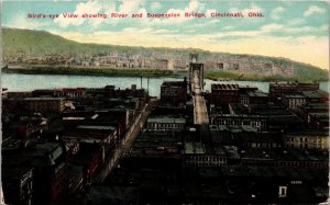 Bird's-Eye View Showing River & Suspension Bridge Cincinnati OH Postcard PC101