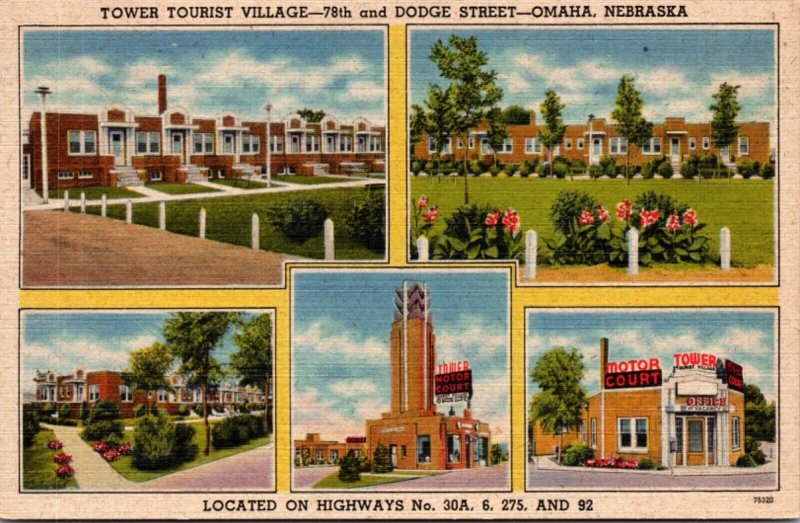 Linen Postcard Tower Tourist Village 78th & Dodge Street in Omaha, Nebraska